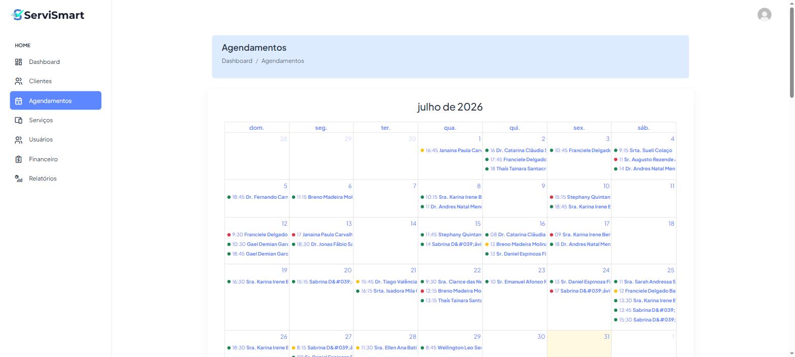 Tela de agendamentos do ServiSmart, calendário mensal